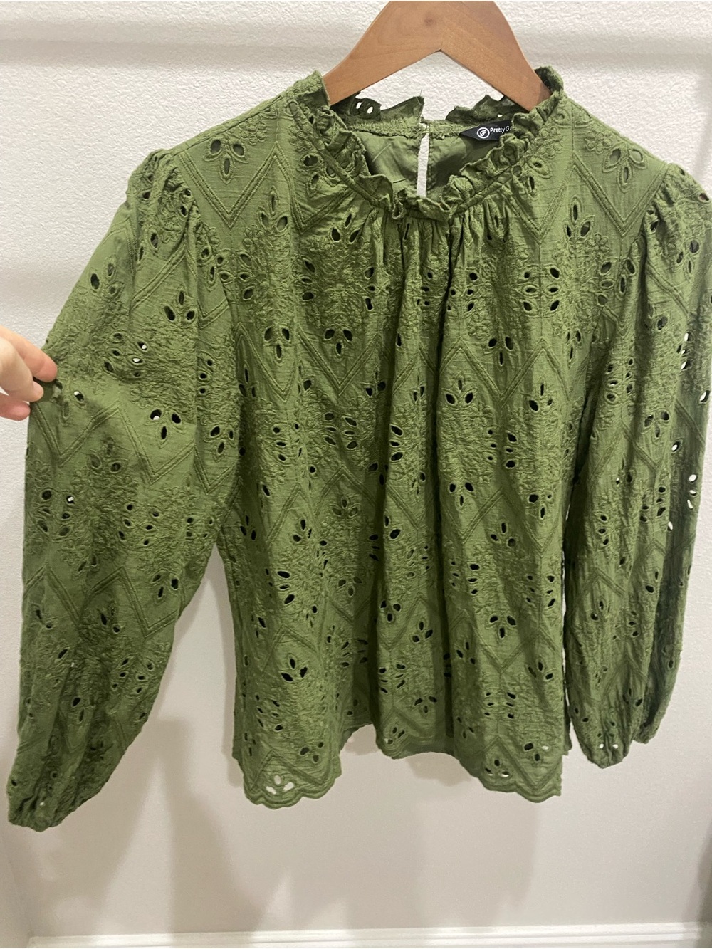 Green Eyelet Long-Sleeve Blouse - Casual Feminine Top